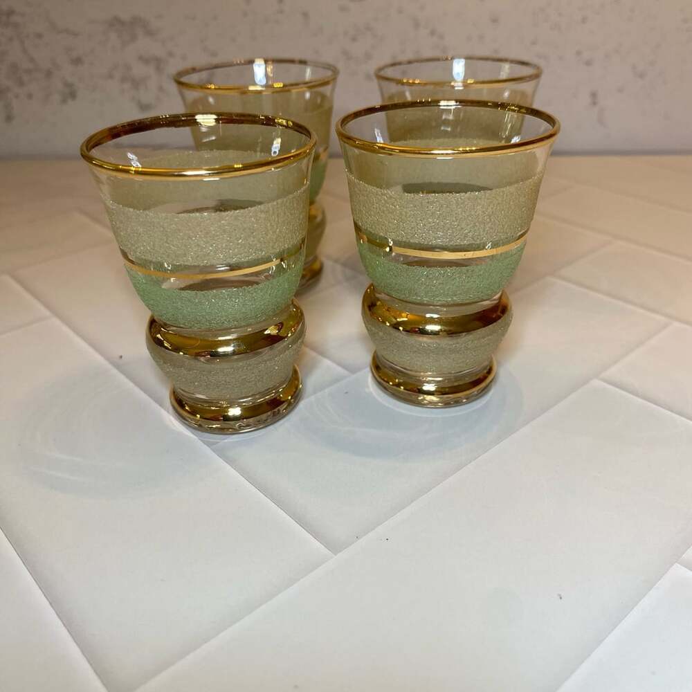 Vintage Mid Century Art Deco Gold and Green Sugar Coated Shot Glasses Set of 4